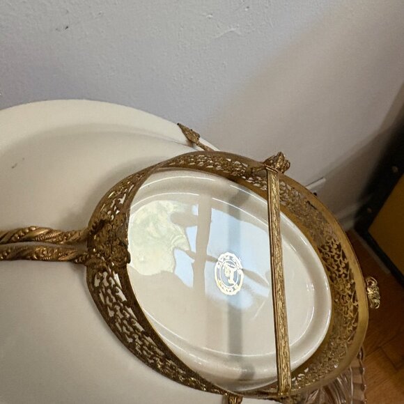 Vintage Porcelain Candy Dish w/ Gold Filigree Frame & Tribal Motif – 10.5” - Picture 2 of 9